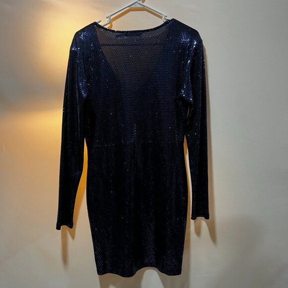 Mind Code Sparkle Sequin Long Sleeve V-Neck Mini Dress Navy Blue L - Picture 10 of 10